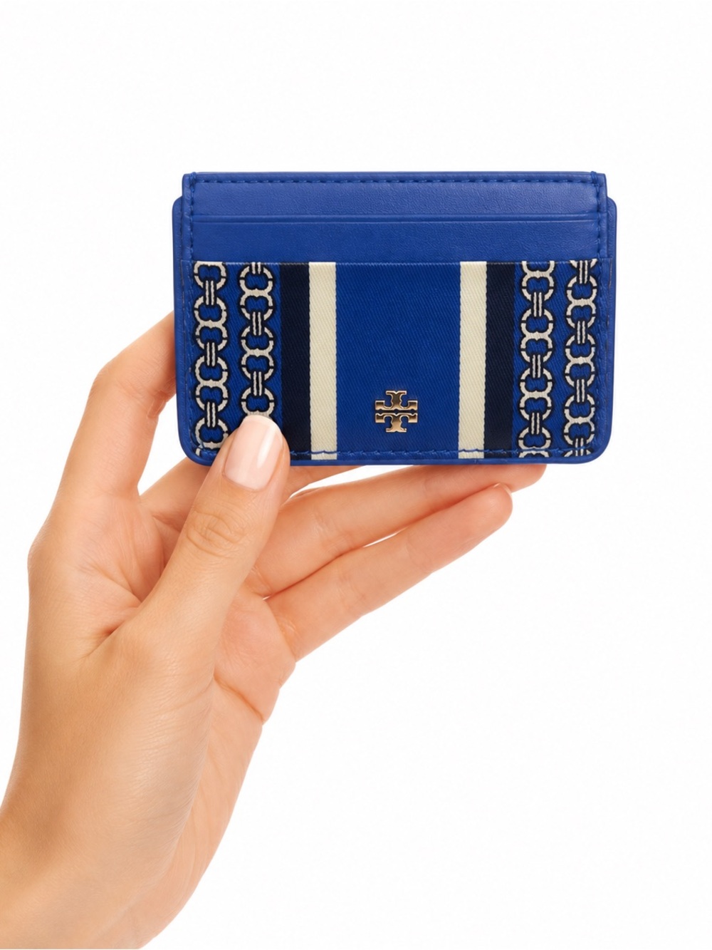 Tory Burch Blue Leather Card Holder Wallet Striped Chain Print Logo Card Case